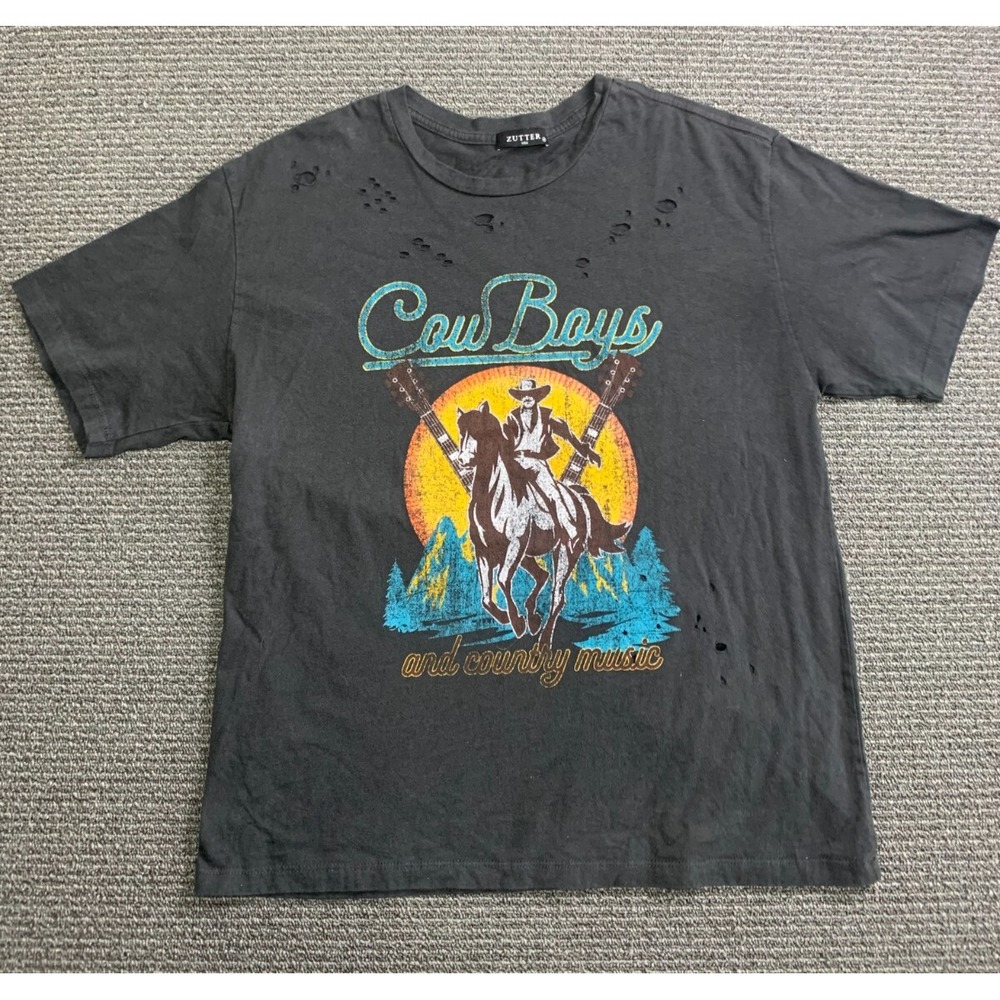 Zutter Shirt Womens Medium Cowboy Country Rodeo Black Distressed T-Shirt USA